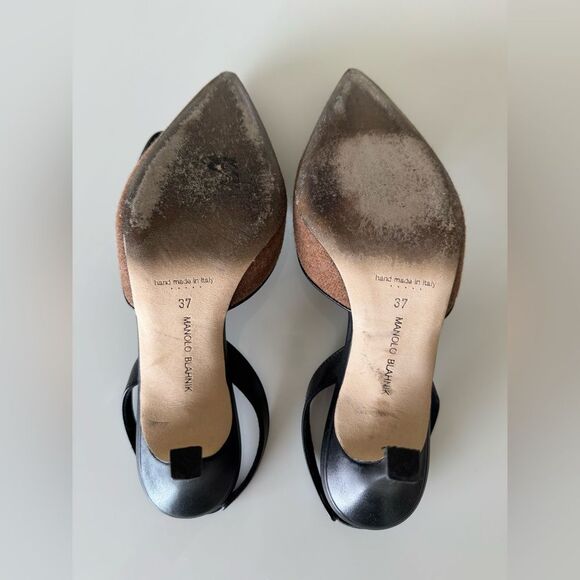 MANOLO BLAHNIK Brown Wool & Black Leather Buckle Mayslibi Heels EU 37 US 7 Shoes - Picture 9 of 10
